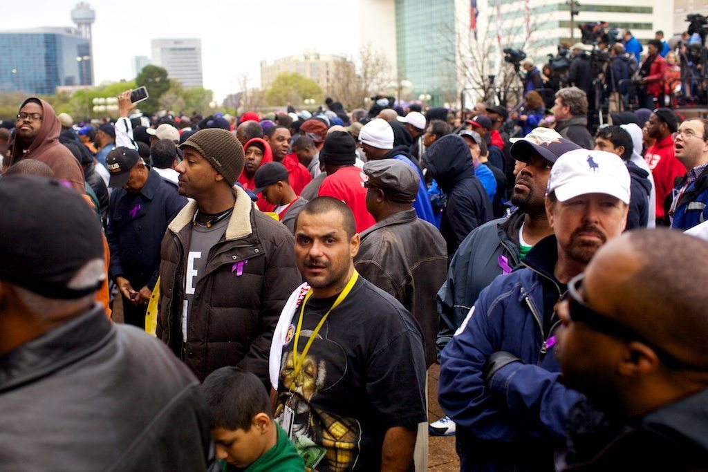Thousands of men gathered in Dallas on Saturday to break the culture of silence around domestic violence, encouraging themselves and their peers to take responsibility for violence against women.
