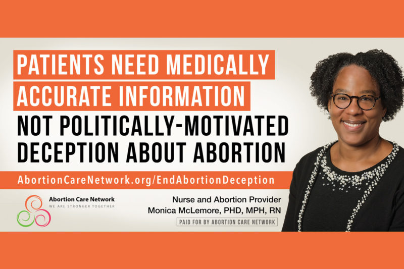 [Photo: A billboard by the Abortion Care Network that reads