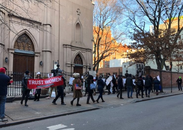 [Photo: Anti-choice protesters walk from St. Patrick's Old Cathedral to Planned Parenthood in Manhattan.]