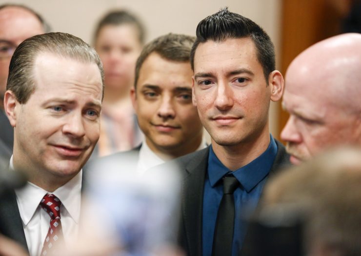 [Photo: Attorney Jared Woodfill (L) speaks to the media alongside client David Daleiden]