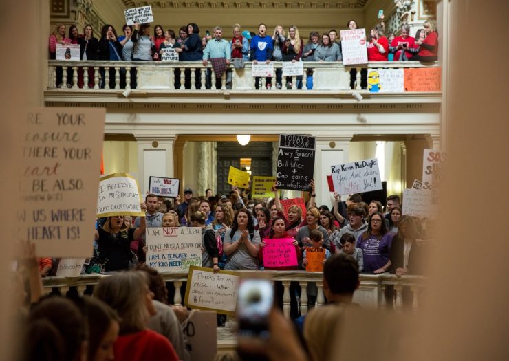 [Photo: Thousands rallied at the Oklahoma state Capitol building during the third day of a statewide education walkout]