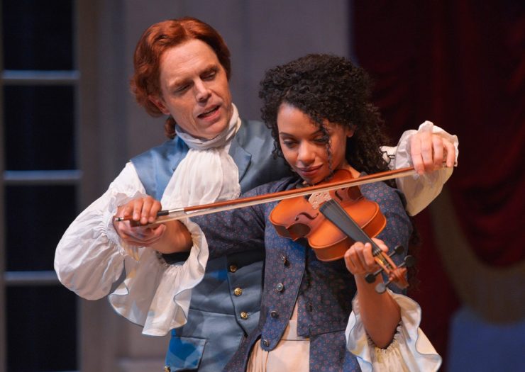 [Photo: Two actors playing as Thomas Jefferson and Sally Hemmings perform during the play Thomas and Sally]