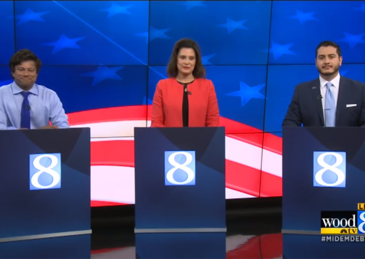[photo: Michigan's Democratic gubernatorial candidates gather on stage for a debate.]