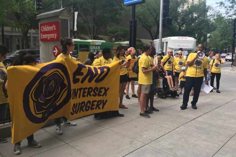 [Photo: Saifa Wall, the leader of the event, speaks during an End Intersex Surgery rally[