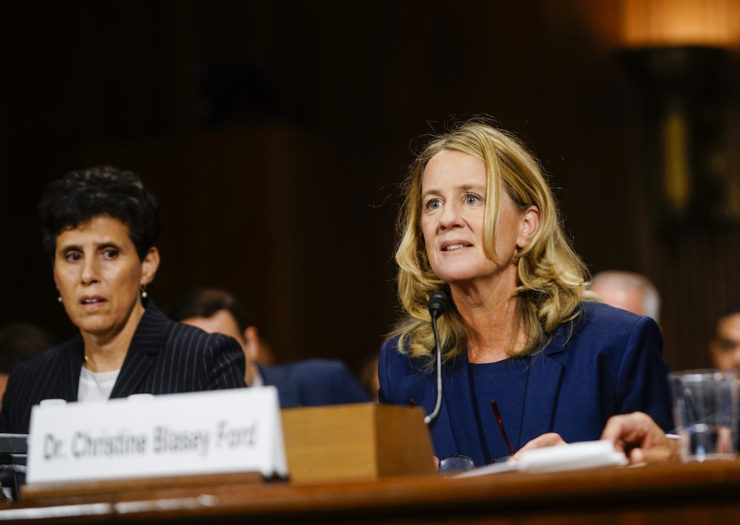 [Photo: Christine Blasey Ford, with lawyer Debra S. Katz, left, answers questions at a Senate Judiciary Committee hearing.]