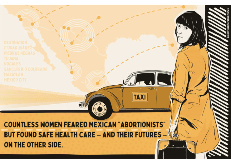 [Photo: Woman looks over her shoulder worriedly as a taxi cab awaits. In the background is a superimposed map of the southwestern USA border with Mexico.]