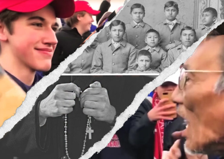 [Photo: A collage which includes images of Covington Catholic High School student, Nicholas Sandmann, standing off and disrespecting Omaha elder, Nathan Phillips. In the middle segment of the collage, images of Omaha boys at Carlisle Indian School and of a priest holding a rosary.]