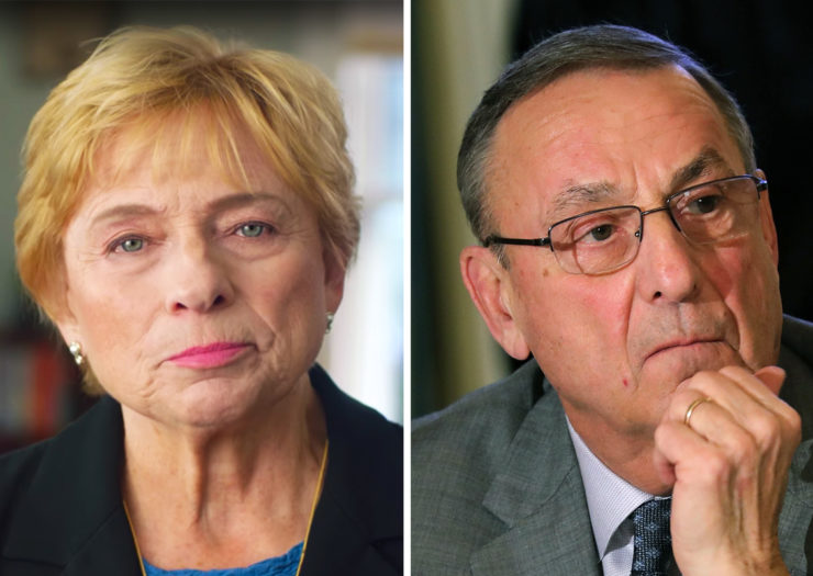 [Photo: To the left, Gov. Janet Mills looks at the camera defiantly. To the right, Paul LePage gives a concerned look as he listens at a meeting.]