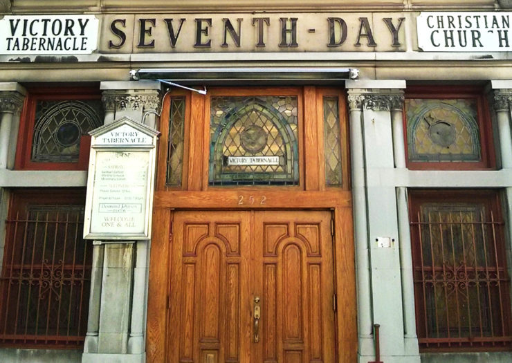 [Photo: Entrance of Victory Tabernacle Seventh-Day Adventist Church.]