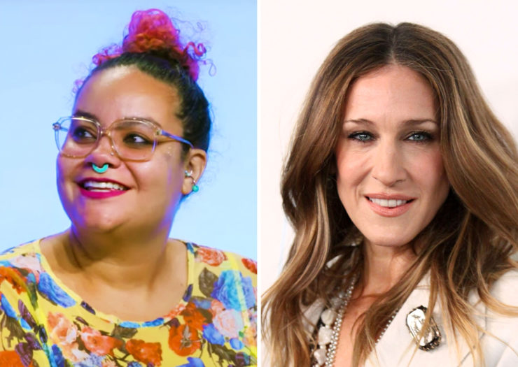 [Photo: To the left, Adrienne Maree Brown smiles during a conference. To the right, Sarah Jessica Parker smiles during an event.]