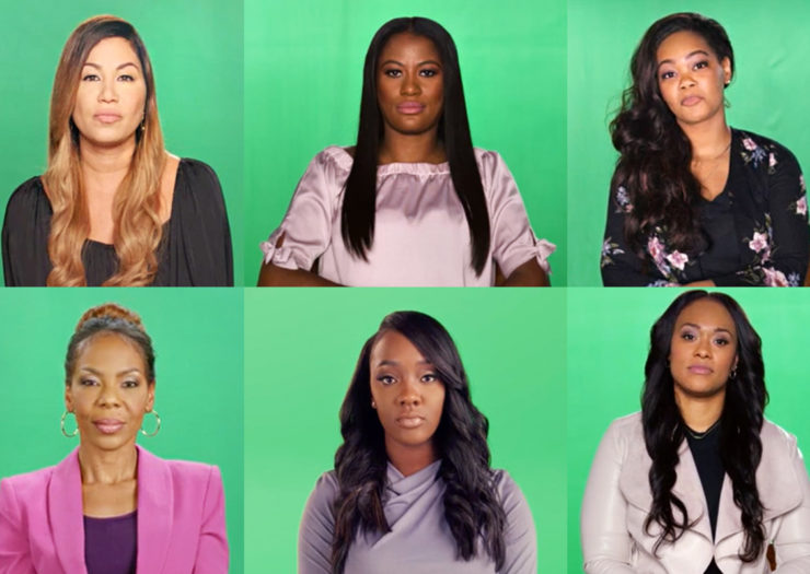 [Photo: Six women of color sit in front of a green screen, looking intently at the camera.]