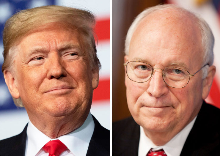 [Photo: Split screen. To the left, President Donald Trump smirks in front of an American flag background. To the right, Dick Cheney grimaces in front of an American flag background.]