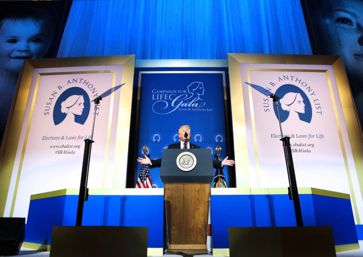 [Photo: President Donald Trump delivers remarks during the Susan B Anthony List gala.]