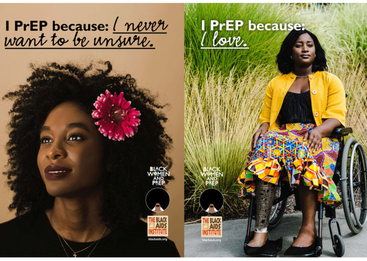 [Photo: Two posters advocating for PrEP showing black women of different size and ability.]