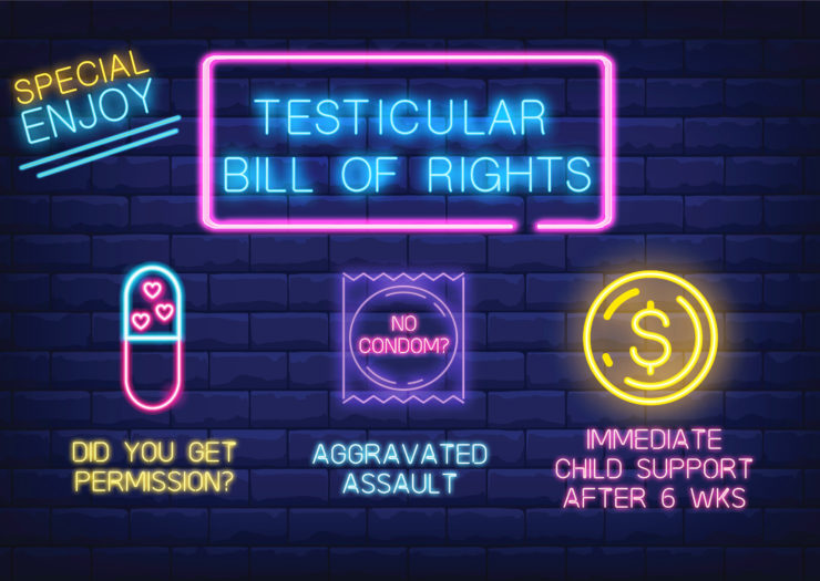 [Photo: An illustration of a brick wall with neon signs outlining some of the legislation for the 'Testicular Bill of Rights.']
