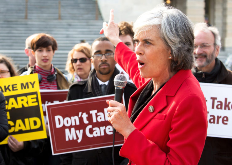 [Photo: Congresswoman Katherine Clark speaks at a rally.]