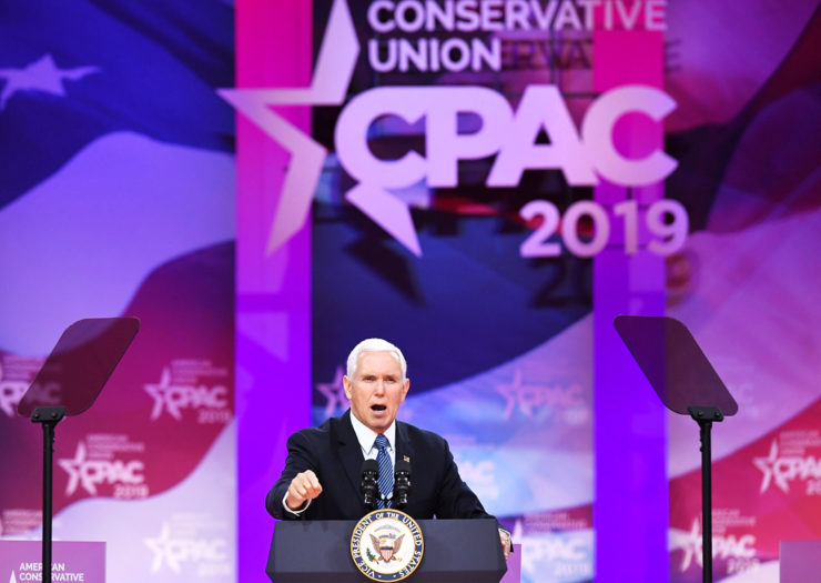 [Photo: US Vice President Mike Pence speaks emphatically during the annual Conservative Political Action Conference (CPAC).]