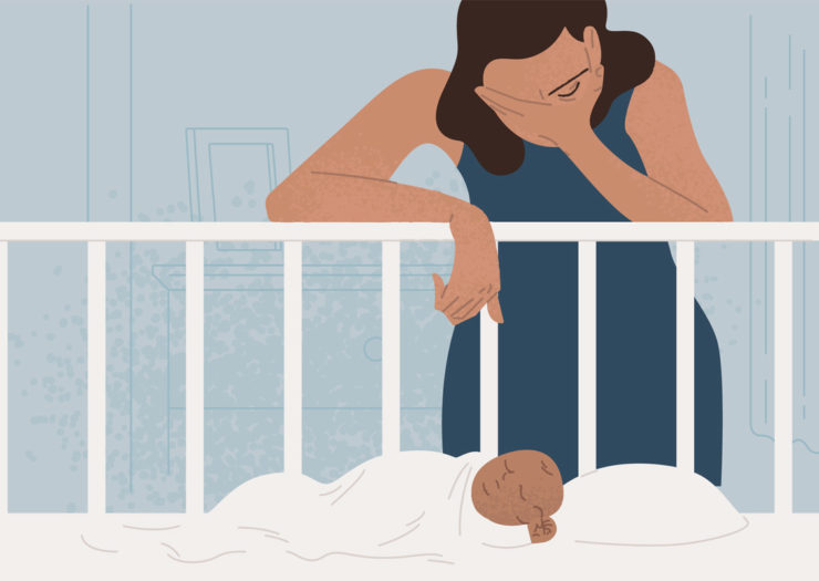 [Photo: An illustration of a sad mother suffering from postpartum depression holds stands over her baby's crib.]