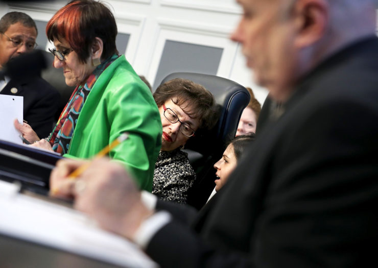 [Photo: House Committee on Appropriations members (L-R) Representative Sanford Bishop (D-GA), Representative Rosa DeLauro (D-CT) and Representative Nita Lowey (D-NY) prepare to hear testimony at a committee hearing. ]