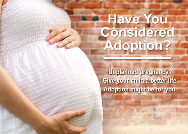 [Photo: An adoption ad of a pregnant person in a white dress holds their belly.]