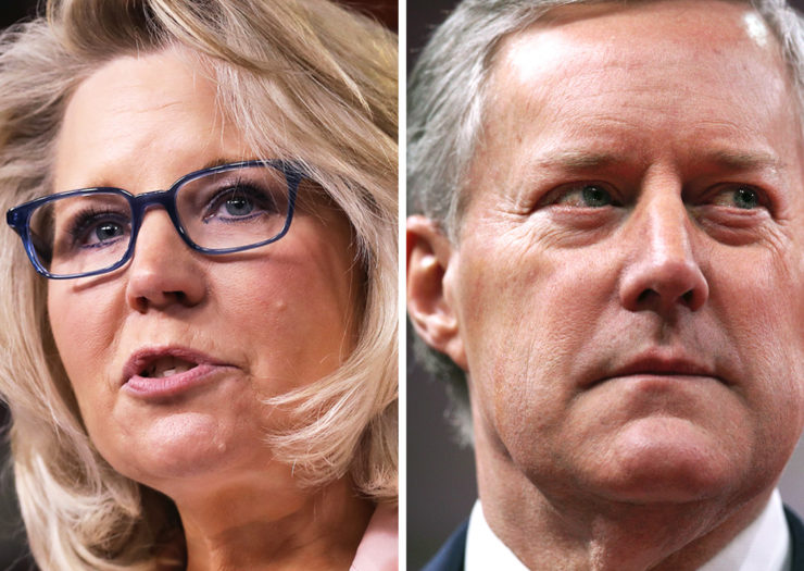 [Photo: Split-screen image of House Republican Conference Chair Liz Cheney (L) and United States Representative Mark Meadows.]
