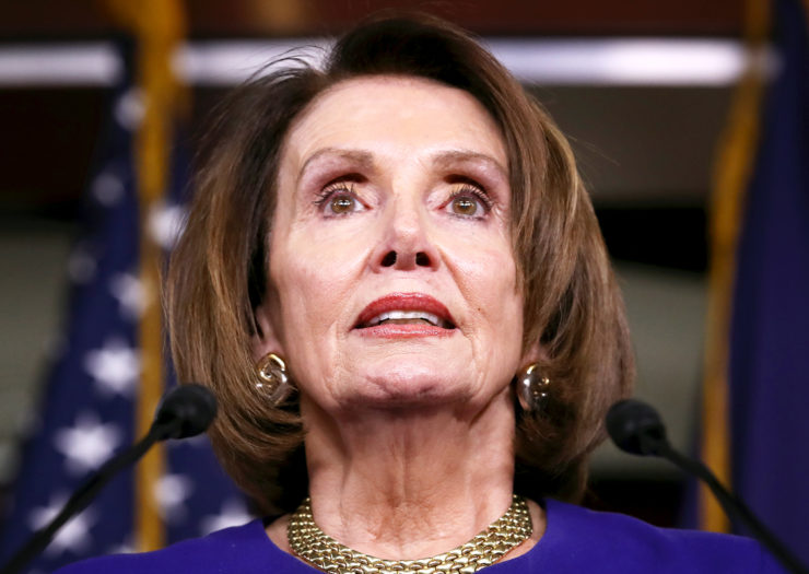 [Photo: Speaker of the House Nancy Pelosi speaks at a press conference.]