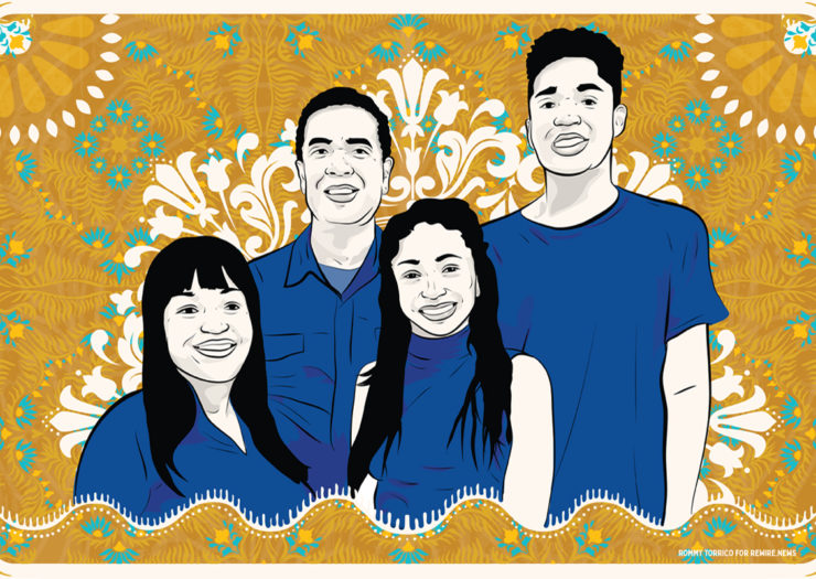 [Illustration: four members of the Thompson family on top of a floral background.]