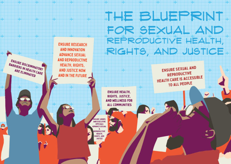 [Photo: An illustration of a crowd of pro-choice supporters holding signs. The illustration is titled 'The Blueprint for Sexual and Reproductive Health, Rights, and Justice.']