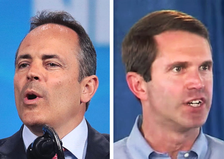 [Photo: Split image of Governor Matt Bevin (L) and Andy Beshear speaking during press conferences.]