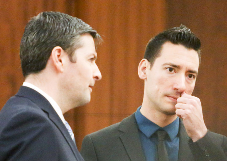 [Photo: David Daleiden looks on nervously in a courtroom.]