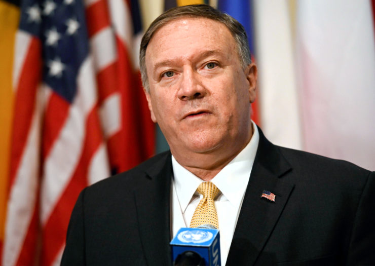 [Photo: US Secretary of State Mike Pompeo speaks to the press,]