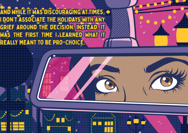 [Illustration: In pop art style, woman looks in rearview mirror at a night scene of houses lit with holiday string lights. Top left corner contains the caption in yellow text]