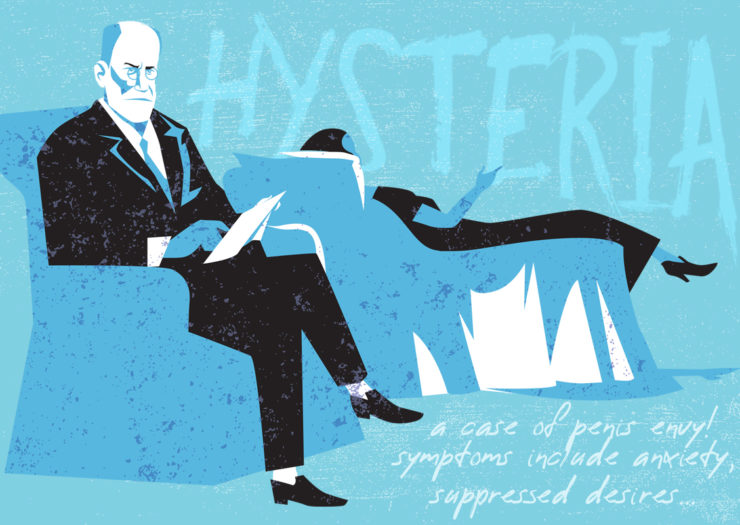 [Photo: An illustration of Sigmund Freud listening to a female patient speak. The word 'hysteria' and his notes are superimposed on the background.]