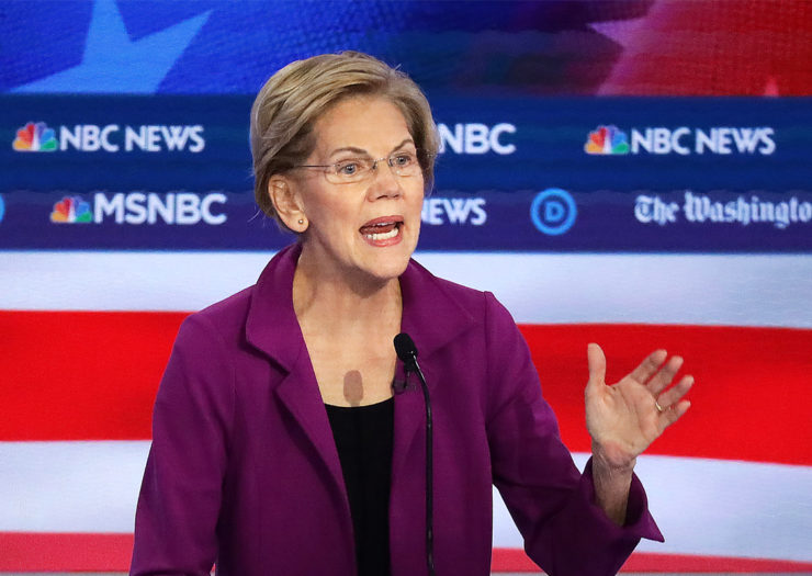 [Photo: Sen. Elizabeth Warren speaks during the Democratic Presidential Debate.]