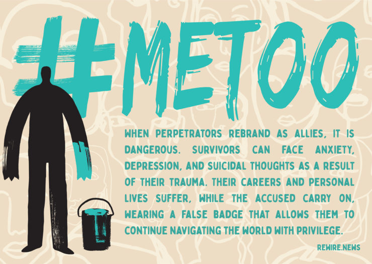 [Photo: An illustration of a person painting a sign that reads '#MeToo'.]