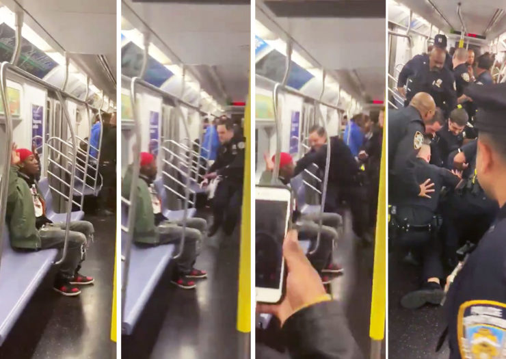 [Photo: A series of splitscreen images showing a young black person getting violently arrested on a subway train by several police officers.]