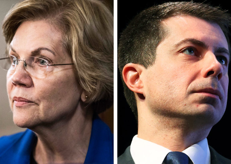 [Photo: A split screen image of Elizabeth Warren on the left and Pete Buttigieg on the right.]