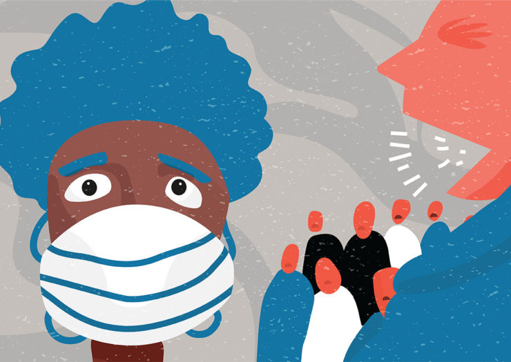 [Photo: An illustration of a Black woman wearing a face mask. People are coughing around her.]