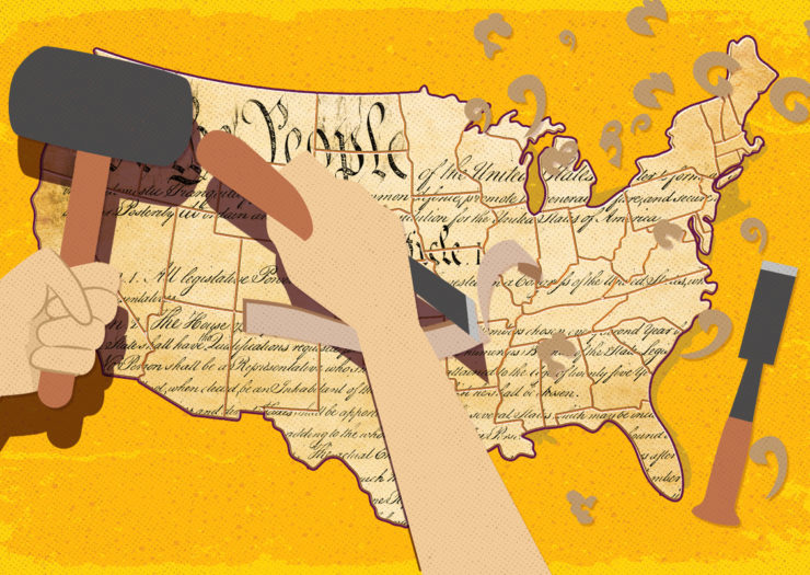 [Photo: An illustration of a person carving into a map of the United States onto which the United States constitution is superimposed.]