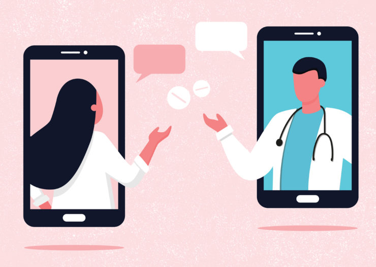 [Photo: An illustration of a patient telecommunicating through message and video with her doctor for her prescription.]