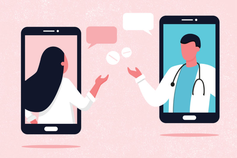 [Photo: An illustration of a patient telecommunicating through message and video with her doctor for her prescription.]