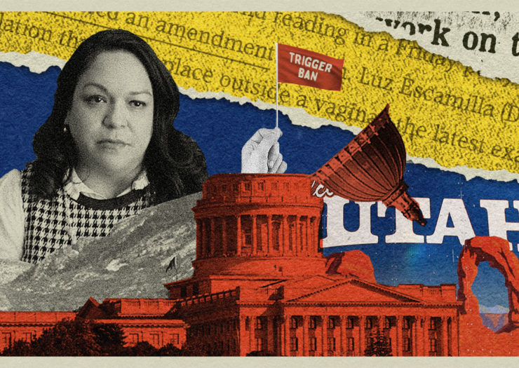 [Photo: An illustrated collage of Utah Senator Luz Escamilla and the Utah Capitol superimposed upon pieces of ripped newspapers.]