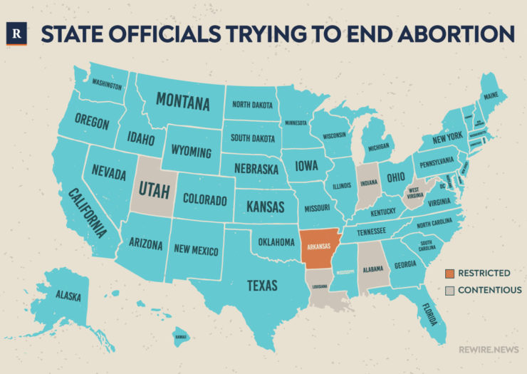 [Photo: An illustrated map showing states where state officials are trying to end abortion.]