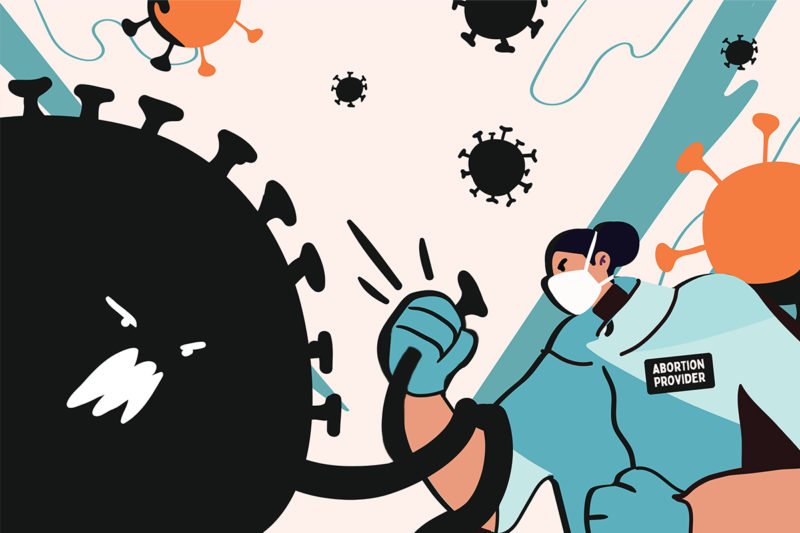 [Photo: An illustration of an abortion provider arm wrestling with a virus.]