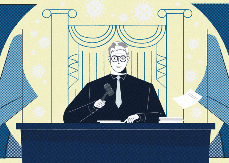 [Photo: An illustration of a stern judge in a courtroom. In the background are COVID-19 cells.]