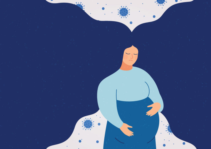 [Photo: An illustration of a pregnant person looking sad as they hold their belly. Behind them are coronavirus cells.]
