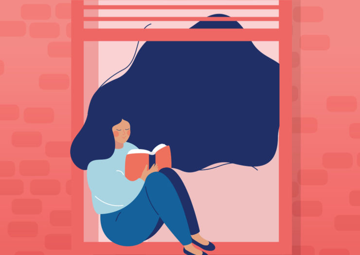[Photo: An illustration of a person with long hair reading a book on a windowsill.]