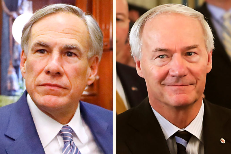 [Photo: A split screen image of Texas Governor Greg Abbott and Arkansas Governor Asa Hutchinson.]