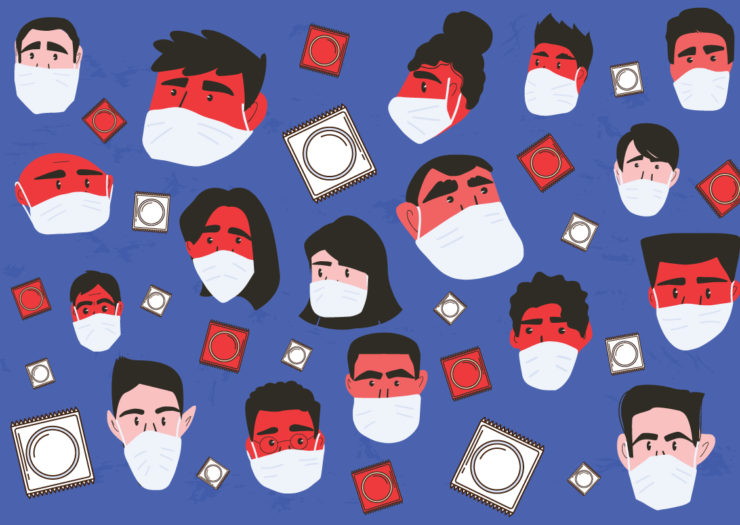 [Photo: An illustration of people wearing masks. In between the faces are condom wrappers.]