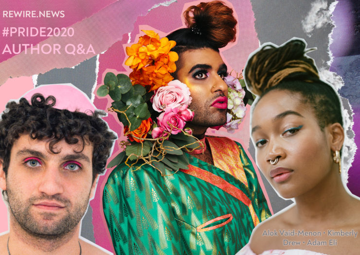 [Photo: A collage featuring three images of three people, a white Jewish masculine person wearing pink eye shadow and a pink yarmulke (Adam Eli), a transfemme Indian American person with a floral crown and pink lipstick (Alok Vaid-Menon), and a Black woman with a top bun and septum piercing (Kimberly Drew).]